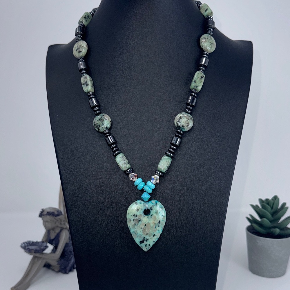 Handcrafted Turquoise and Black Beaded Heart Pendant Necklace - Women Jewelry